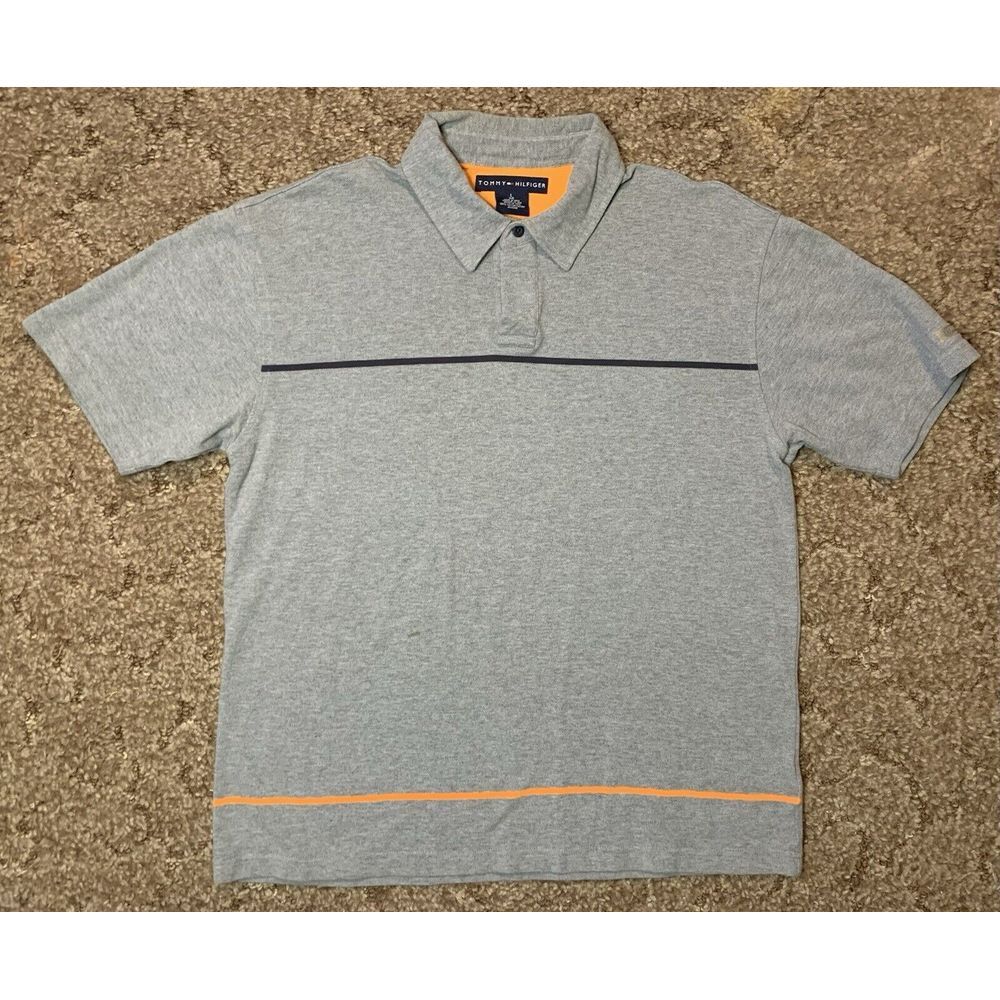 Tommy Hilfiger Polo Shirt Mens L Gray Black Orange Striped‎ Cotton Casual